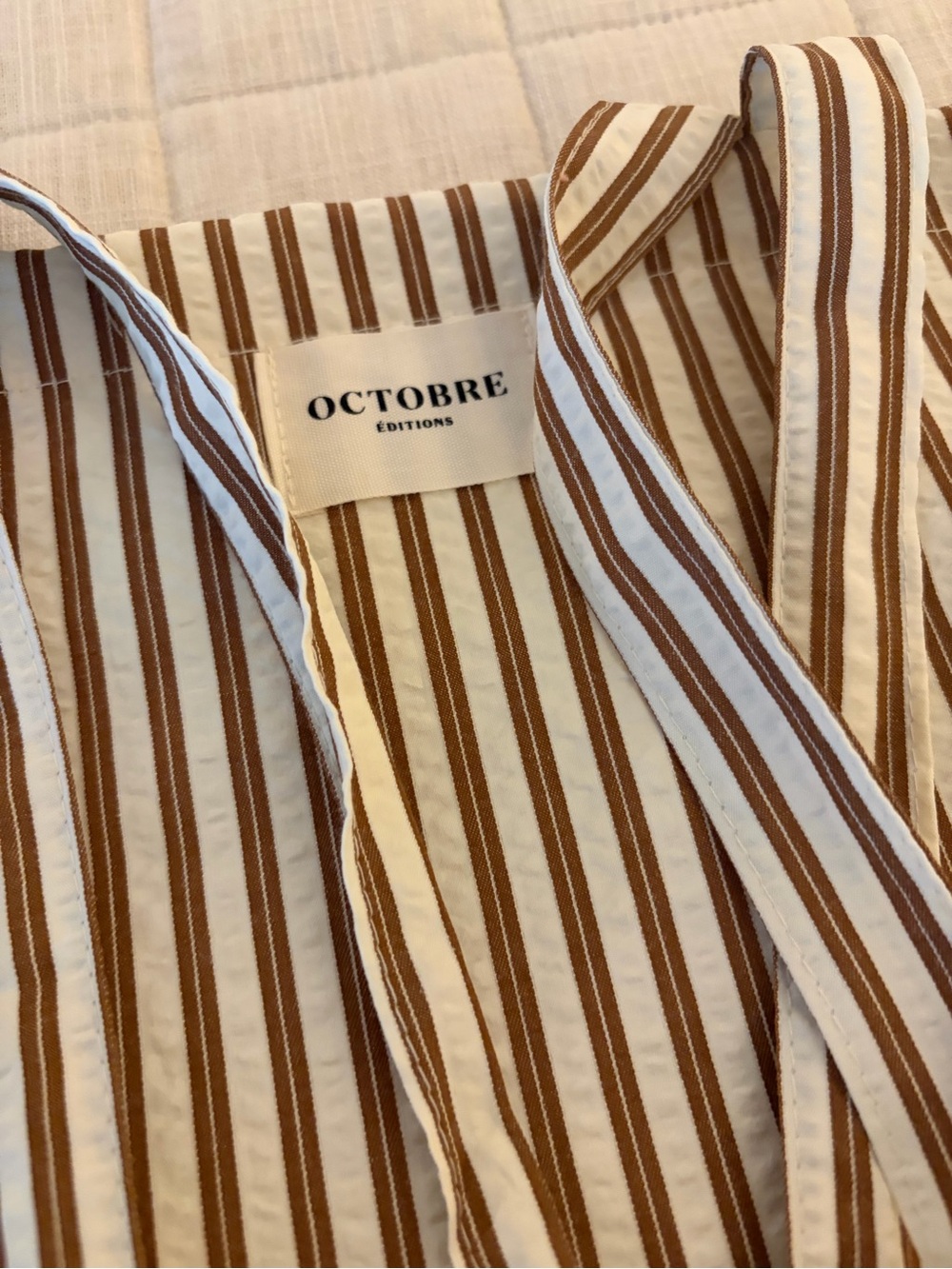 Sezane Octobre Cream white and Brown Striped Tote Bag cotton poplin canvas - Picture 2 of 5